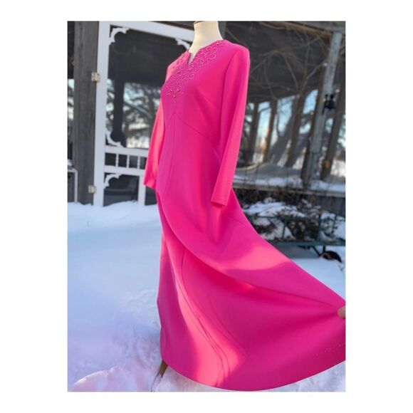 True Vintage Hot Pink Maxi Dress Long Sleeve Soutache Neckline Detail Fitted - Picture 10 of 10